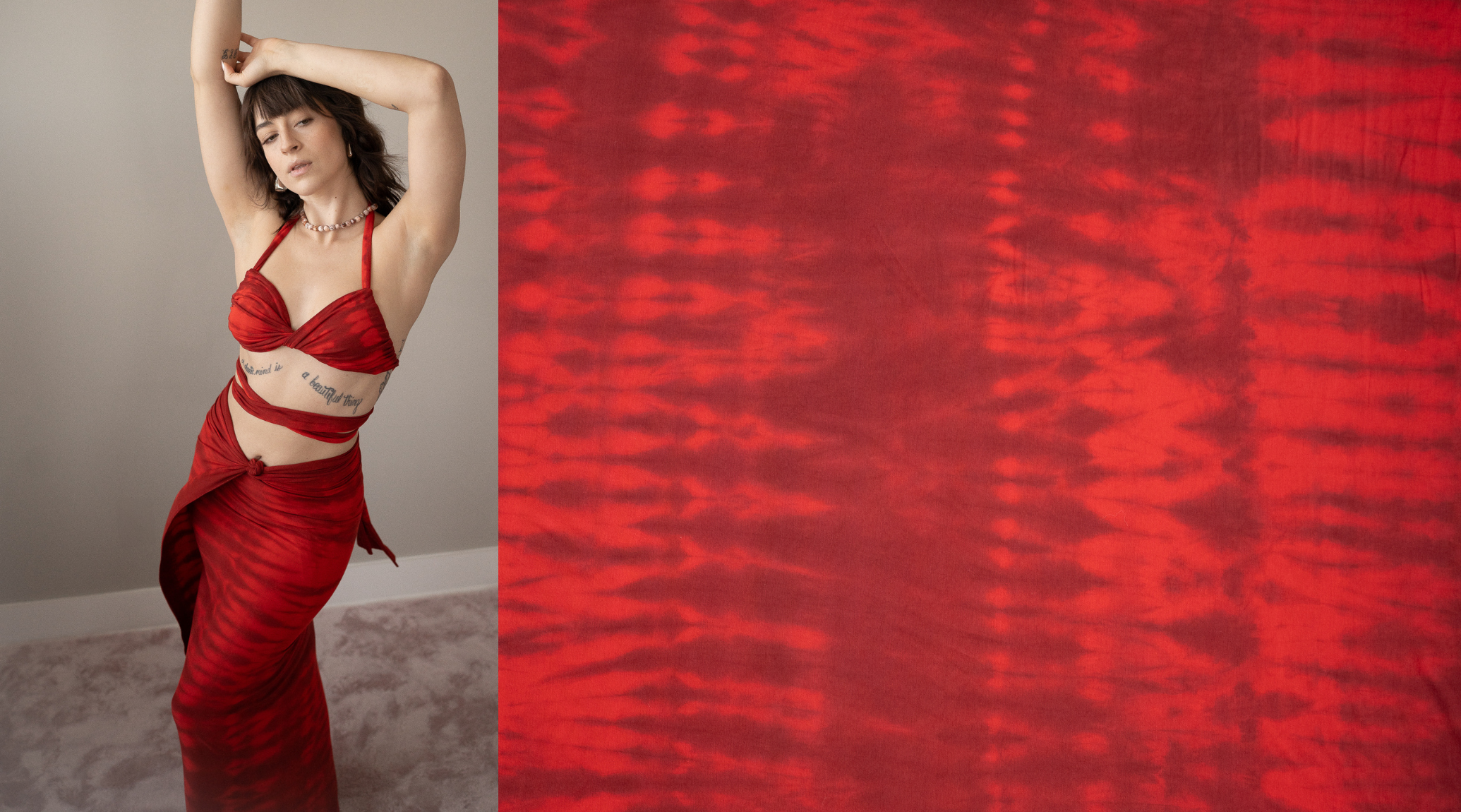 Women's hand dyed red top and skirt coordinated tops & skirts set made from bio-based modal, lightweight and perfect for humidity.